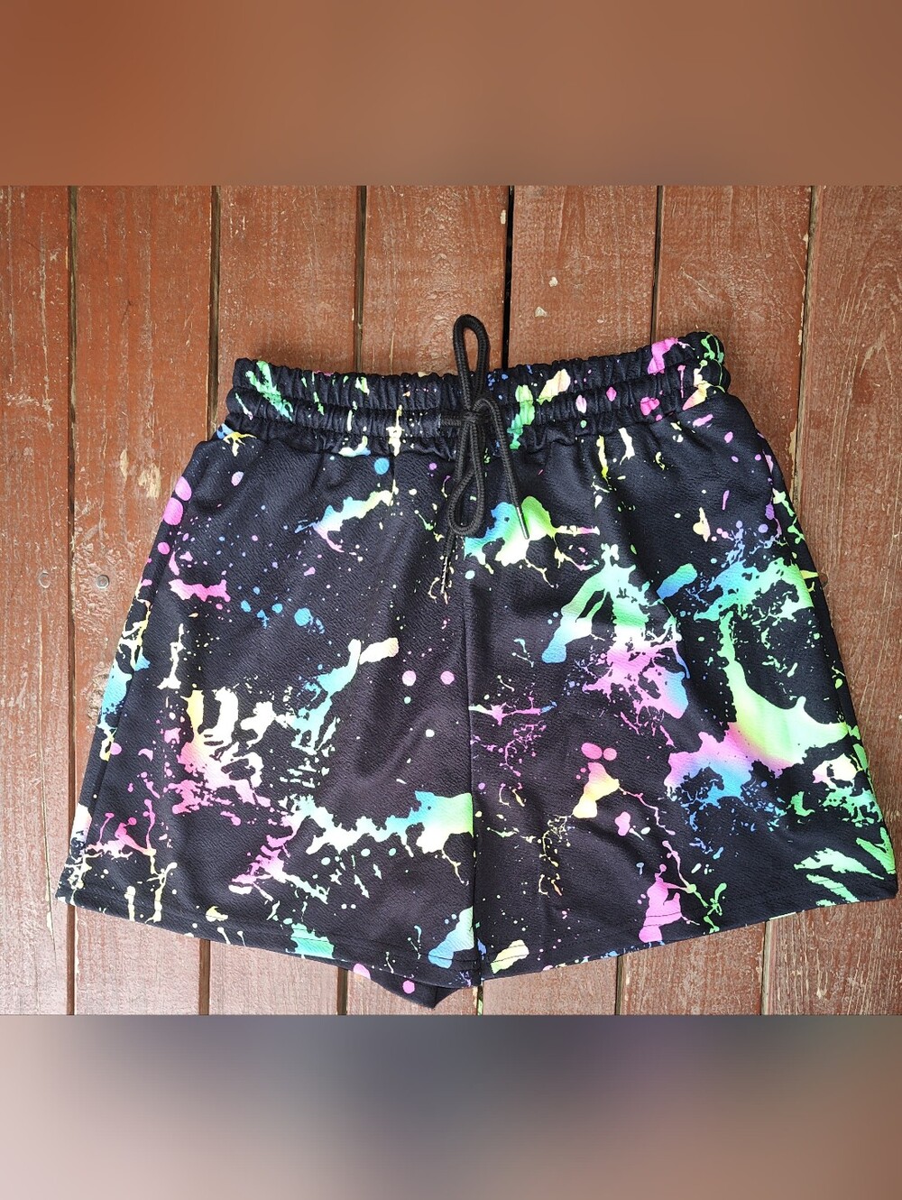 Black Neon Paint-Splatter Athletic Shorts